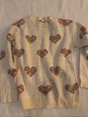 Cream Crewneck Sweater with Multicolor Heart Pattern